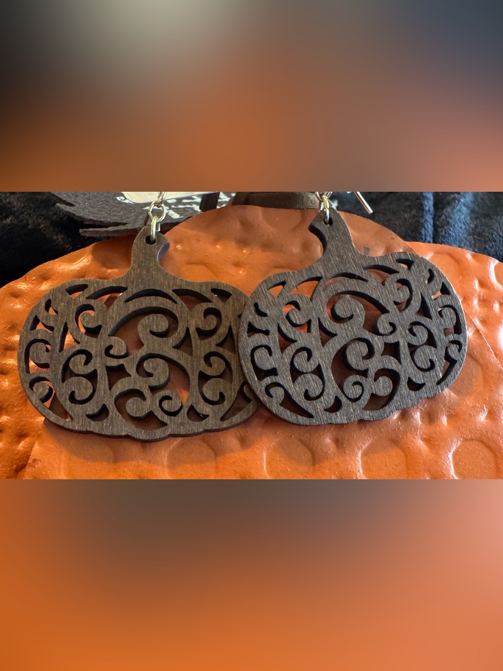 Wooden Pumpkin Cutout Earrings - Brown
